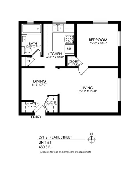 A floor plan of a one bedroom apartment on Pearl Street.